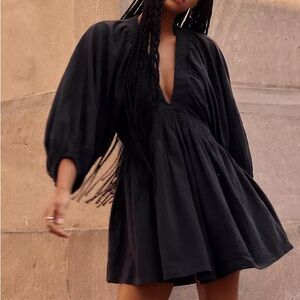 FP Black Scallop Deep V Tie-Back Mini Dress Boho Smocked Waist